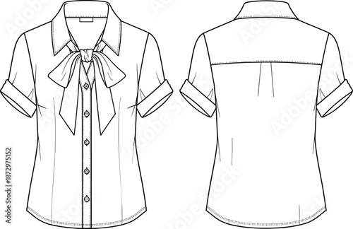 Women blouse technical sketch, front and back view, short sleeve shirt with bow tie, fashion cad drawing flat vector illustration