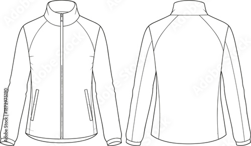 Zip up jacket front and back technical flat, vector fashion CAD drawing for apparel design, outerwear template mockup