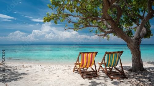 Serene beach paradise with chairs and tree by turquoise ocean under clear sky.