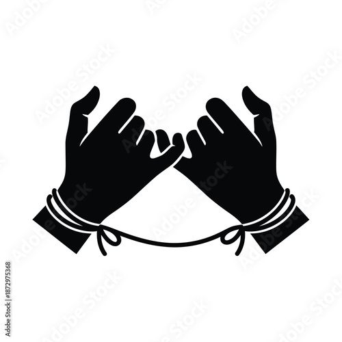 Black silhouette of hands tied together with rope on white background vector
