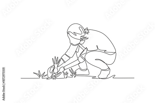 Horticulture. young woman planting plant. Farmer activity concept. Single line draw design. Vector graphic illustration