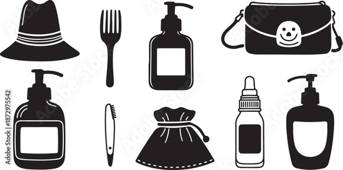 Black and white icons of fashion and beauty products