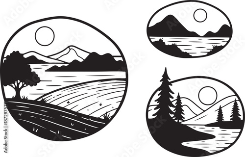 Black and white landscape illustrations with mountains and trees