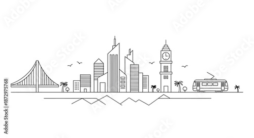 Minimalist Cityscape Line Art with Iconic Landmarks and Transport.