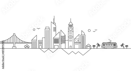 Minimalist Cityscape Outline with Bridge and Clock Tower.