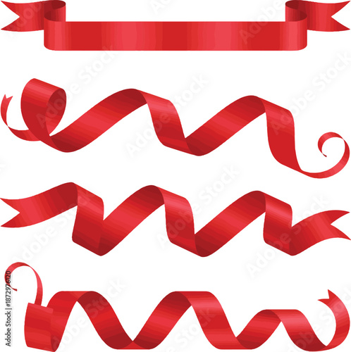 A collection of vibrant red ribbons in various swirling and banner shapes
