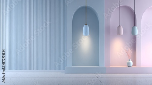 Modern interior design featuring pastel colors, elegant lighting fixtures, and soft textures in a tranquil living space with minimalist elements