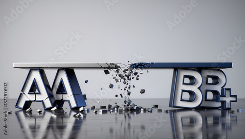 Credit rating downgrade concept with AA and BB+ rating letters breaking apart on reflective floor