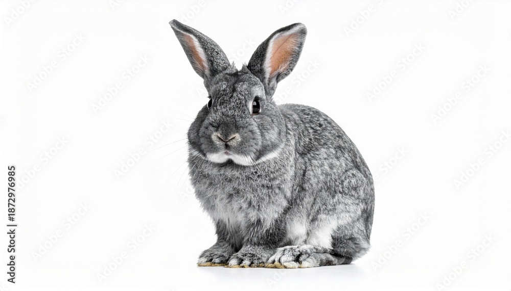 Fototapeta premium A captivating studio portrait of a charming grey domestic rabbit, captured with sharp detail and isolated on a pristine white background, showcasing its soft fur and alert posture