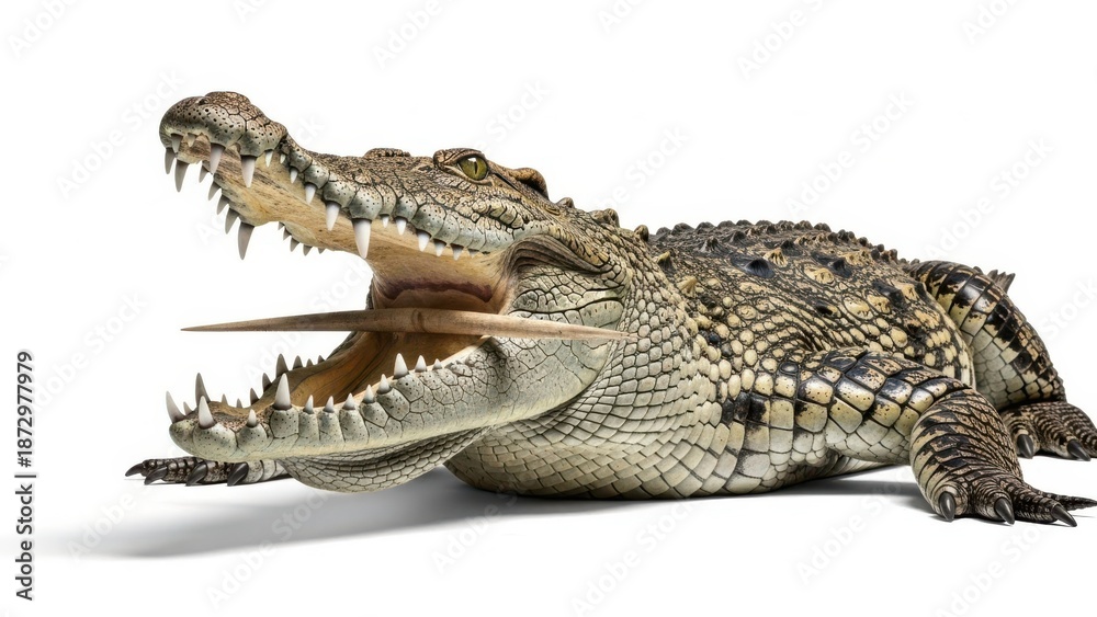 Fototapeta premium Crocodile with Open Mouth Showing Sharp Teeth Isolated on White Background