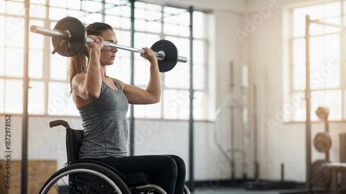 Focused female athlete in a wheelchair lifting weights at the gym. Woman performing barbell shoulder press exercise during adaptive workout session. Strength and rehabilitation concept