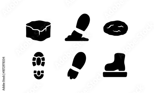 Collection of black icons representing footprints, ice, and mud for outdoor activities