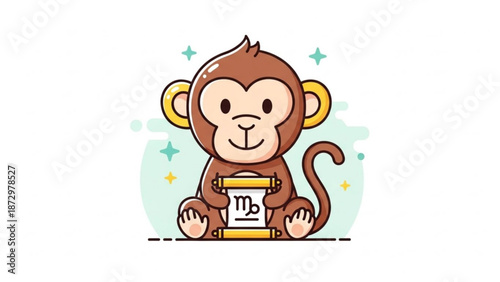 Cartoon monkey holding virgo zodiac sign scroll illustration on white background with stars with astrology and horoscope and animal character