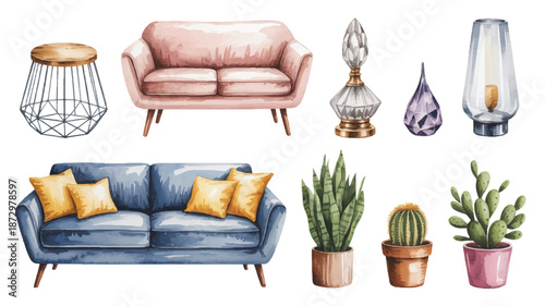 watercolor illustration of furniture and plants on white background