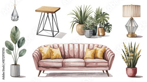 Watercolor illustration of home decor items including sofa plants lamp and furniture