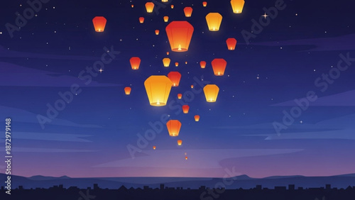 Glowing lanterns illuminating night sky over mountains and cityscape at dusk with stars and clouds with serene and peaceful and celebration and illustration