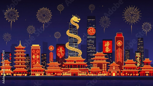 Vibrant chinese new year celebration illustration with dragon fireworks and pagoda buildings at night with culture and tradition and festival