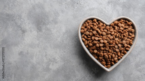Heart-shaped bowl filled with dog food on gray concrete background.