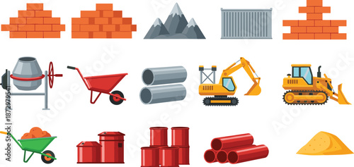 Construction equipment and materials set, bricks pipes barrels machines sand gravel, building tools collection, industrial vector illustration asset pack