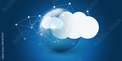 Cloud Computing Design Concept - Global Digital Nodes and 3D Polygonal; Connections, Modern AI, Software, Service, Technology Platform - Big Cloud and Network Mesh on Blue Background - Vector Design