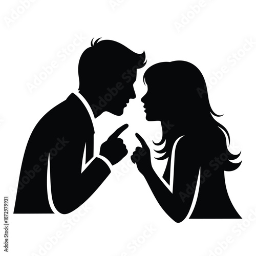 Black silhouette of a man and woman arguing pointing fingers at each other argument couple