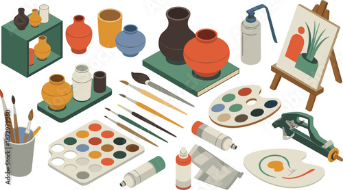 Art supplies illustration set, painting tools and pottery elements, artist workspace icons, creative studio equipment, illustration graphic collection