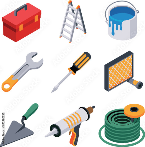 Isometric home repair and construction tools icon set with toolbox ladder paint bucket wrench screwdriver glue gun hose
