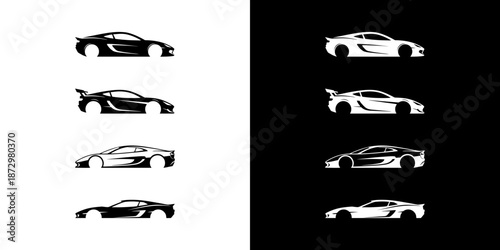 Set of eight sleek sports car silhouettes on white and black backgrounds for automotive design and branding