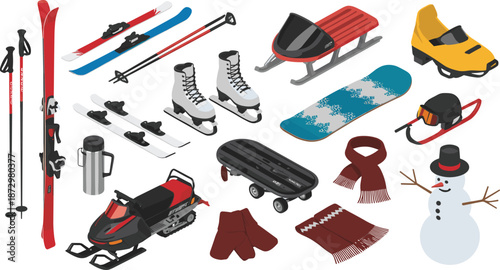 Isometric winter sports equipment illustration set, skis sled skates snowmobile accessories clothing outdoor seasonal recreation icons