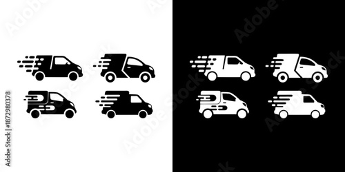 Monochrome icon set of fast delivery vans, symbolizing rapid shipping, efficient logistics, and swift transportation for businesses and parcel services