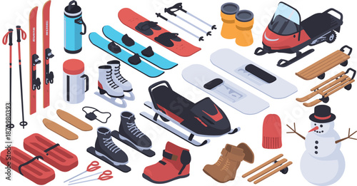 Isometric winter sports equipment illustration set, skis sled skates snowmobile accessories clothing outdoor seasonal recreation icons