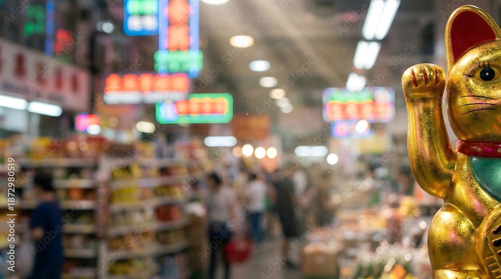 Obraz premium Maneki-neko Welcoming Fortune in a Vibrant Market