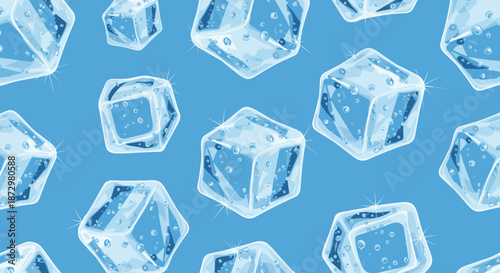 A cool and refreshing seamless pattern of sparkling, transparent ice cubes with air bubbles, floating on a solid bright blue background for summer concepts.
