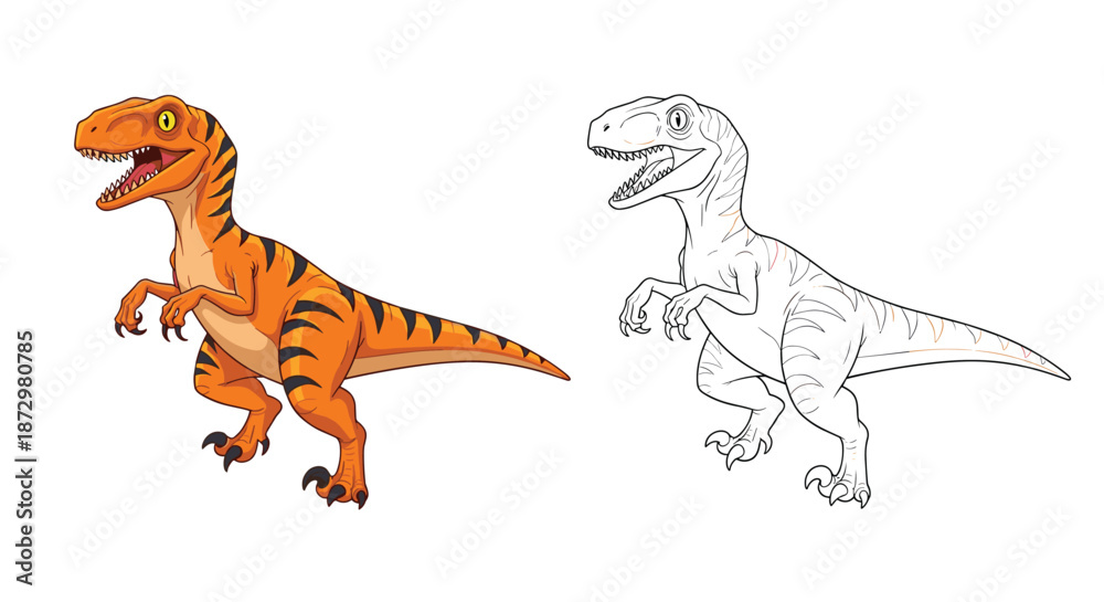 Obraz premium An illustration of a fierce Velociraptor dinosaur with orange and black striped skin, shown in both a full-color version and a line art outline for coloring.