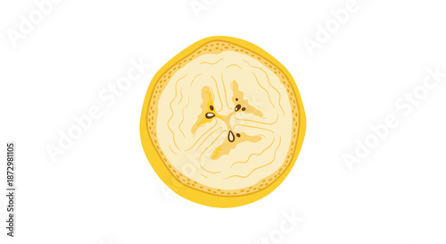 Top-down view of a single round slice of a yellow banana, showing the creamy flesh and tiny black seeds in the center, on a white background.