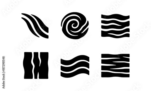 Set of abstract black wavy line icons representing natural elements and textures