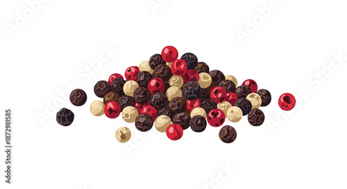 A small pile of mixed peppercorns, including black, white, red, and green varieties, isolated on a white background for seasoning.