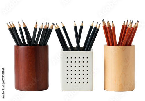 Aesthetic arrangement of three pencil holders made of wood and ceramic on a transparent background, Concept of professional organization and variety