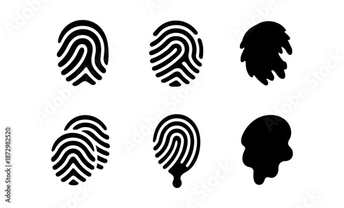 Collection of black fingerprint icons and abstract shapes on a white background