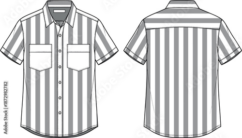 Men's Short Sleeve Striped Button Down Shirt Technical Flat Sketch Vector Illustration for Fashion Design and Apparel Templates