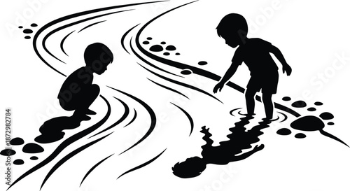 Silhouette of two children playing and exploring near a stream with rocks and reflections, capturing nature, curiosity, and childhood moments