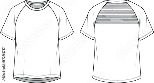 Men's raglan t-shirt vector flat sketch, short sleeve activewear with curved hem and textured back yoke, front and back design.