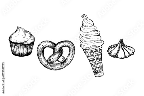Vector set of isolated sketch illustrations of buns and pastries. Hand-drawn Cinnabon breakfast buns, cupcakes, cake slices, and pastries. Realistic pastry illustrations on a white background.
