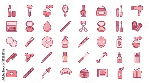 Cosmetic Accessories and Tools, Beauty Products, Creative Workspace, Illustration, Pink Theme, Aesthetic Viewpoint, Design Concept