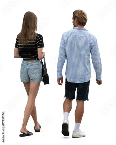 Fotografie Man and woman walking in the street seen from back angle, isolated on white and