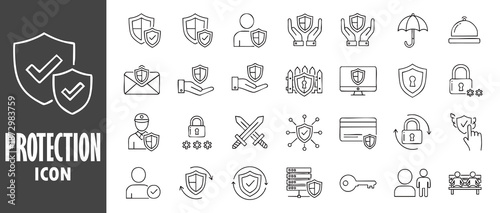 Protection Web Icon Set in Line Style. Collection of Security Linear Icons, Including defense, safe, safety and security, alarm, encryption, cybersecurity, locked, shield, guard, lock. Editable Stroke