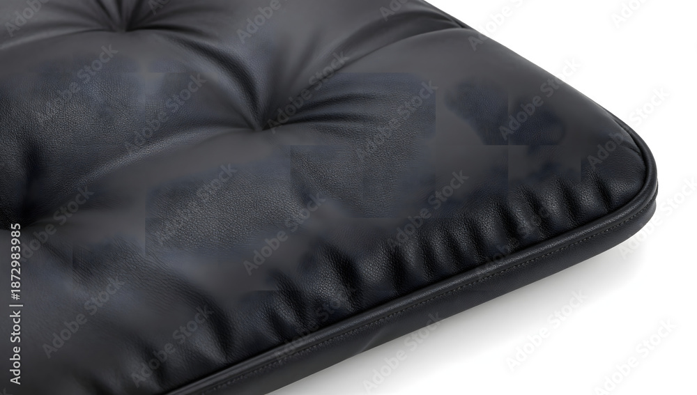 Obraz premium Dark Leather Seat Close-up: A detailed view showcases a close-up of a sleek, black leather seat, its surface textured with a quilted design and subtle sheen.