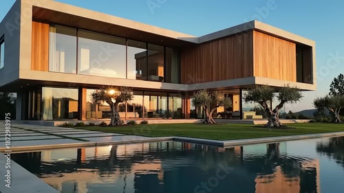 Wallpaper Mural Modern luxury home exterior with reflecting pool and large windows at sunset Torontodigital.ca