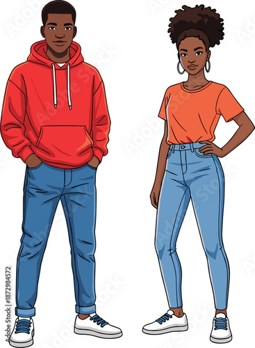 Young African American man and woman characters in casual clothing, modern fashion style, flat vector illustration isolated on white background, studio design people concept