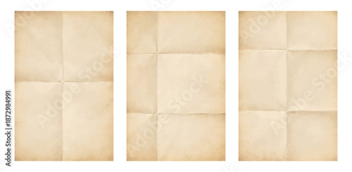 Folded aged paper texture set, vintage beige creased sheet, old parchment background isolated on transparent